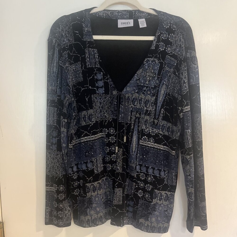 Chico’s Travelers Sz 2 US Sz 12 Jacket Black Glitter Metallic Long Sleeve Tie